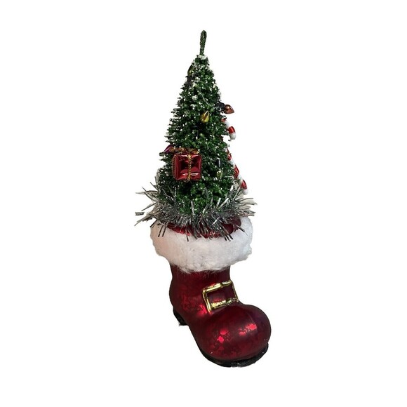 Vintage Bottle Brush Christmas Tree in Glass Santa Boot Ornament 8”